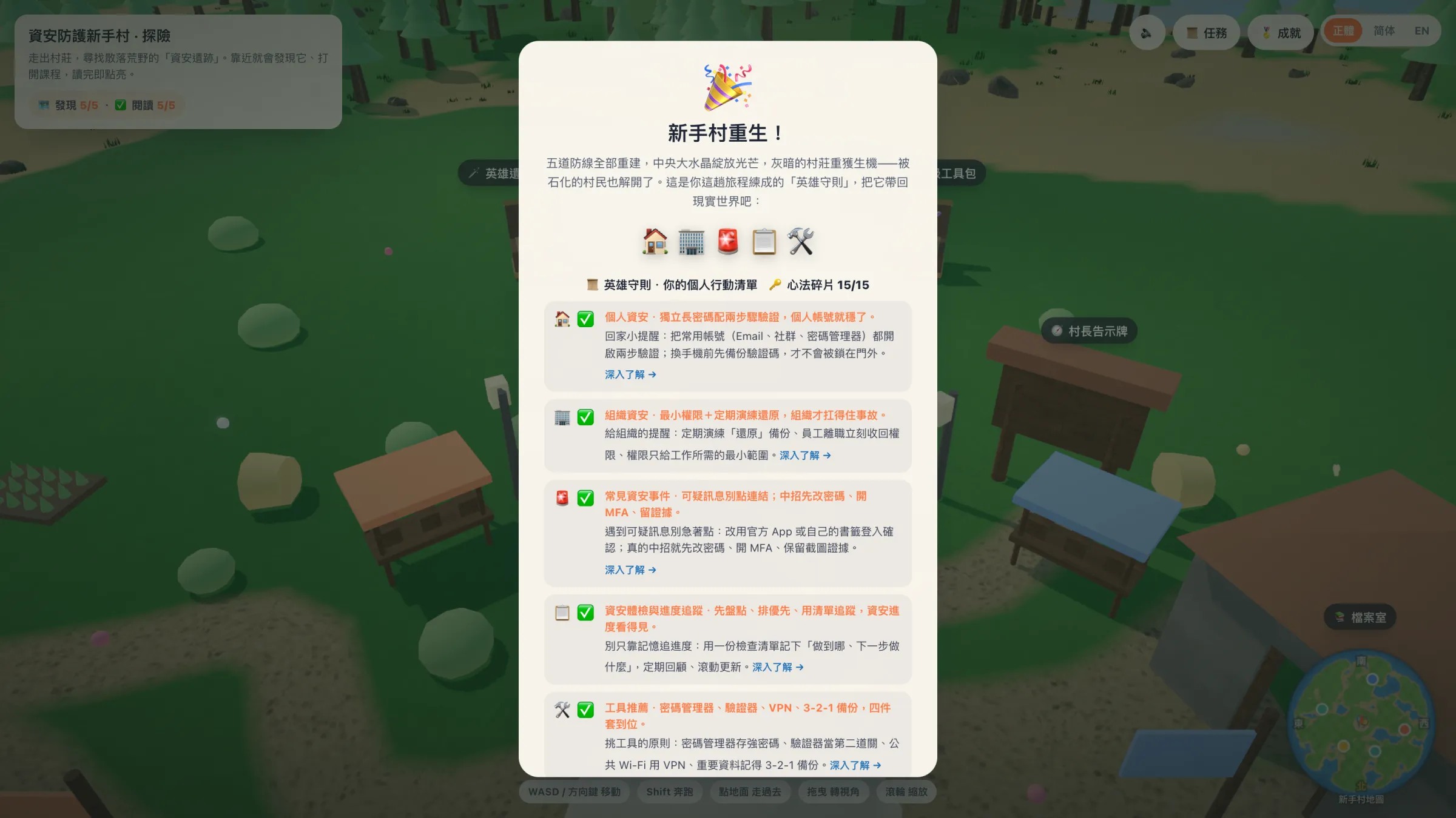 通關慶祝畫面:英雄守則卷軸、五遺跡徽章與心法碎片收集